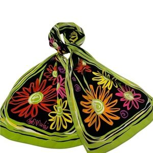 Bob Mackie Wearable Art Silk Scarf Floral Retro 67” Long Bright Green Black Vtg